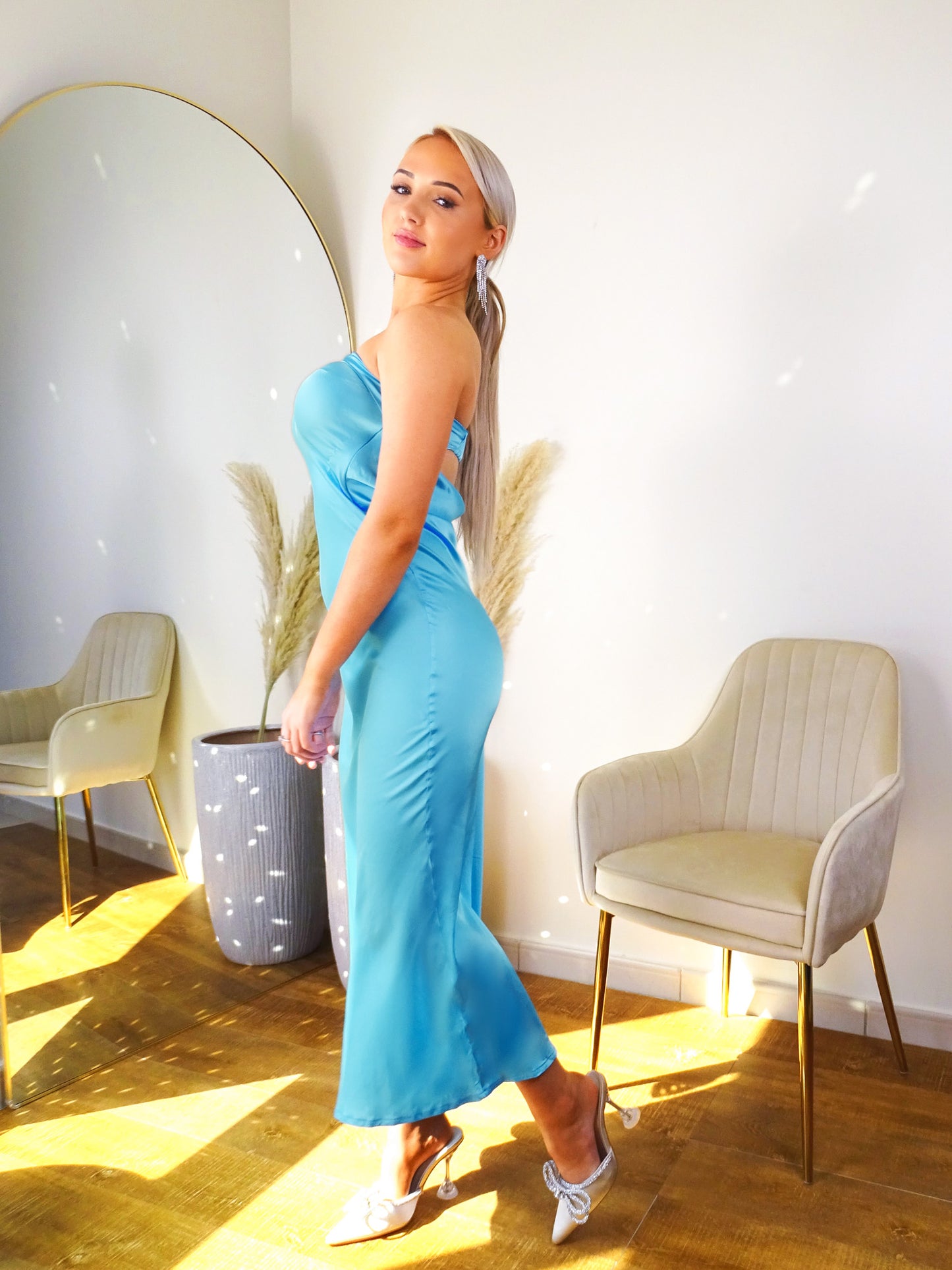 Turquoise Blue Satin Banded Fish Tail Maxi Dress