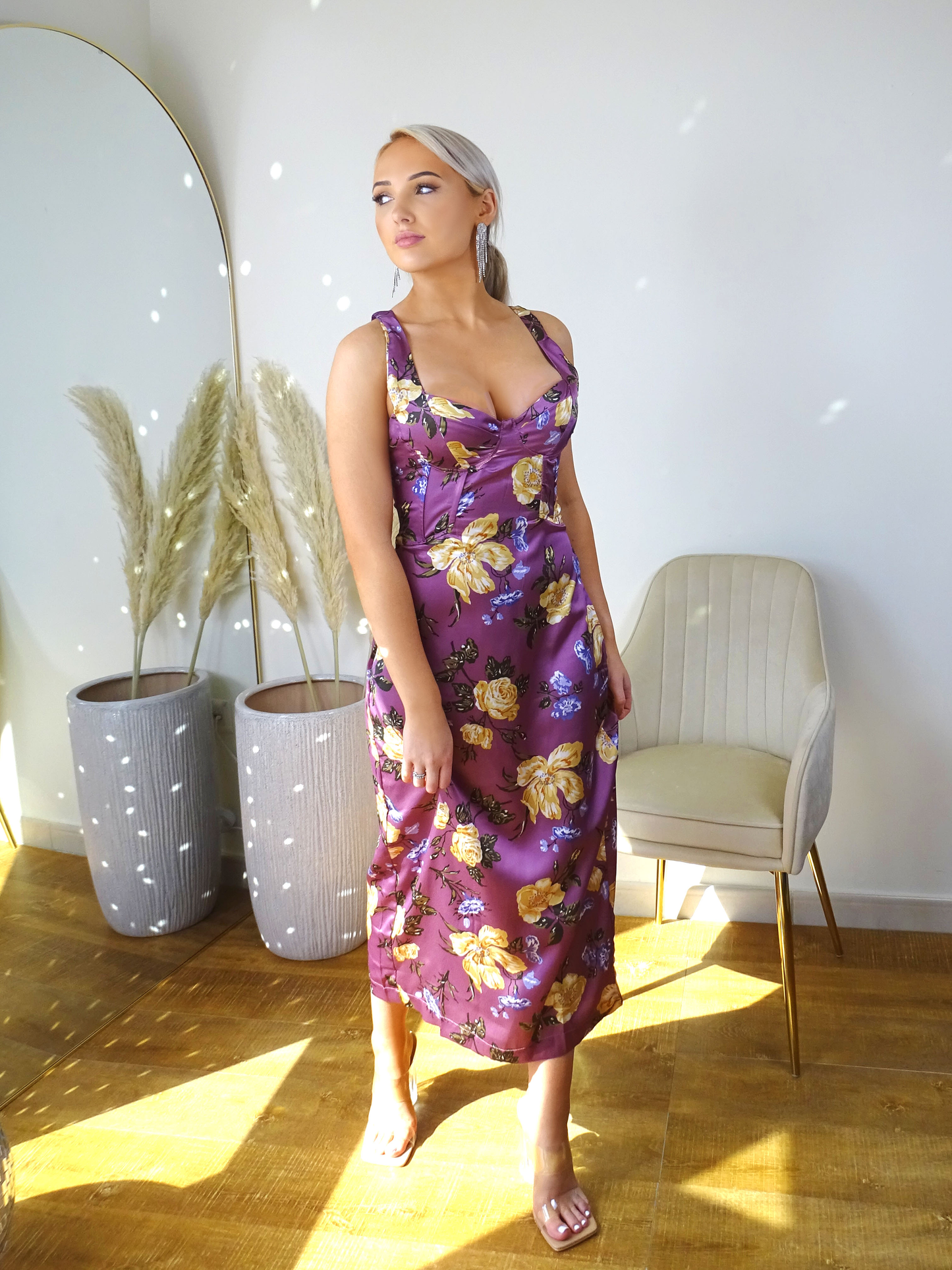 Violet Purple Floral Corset Satin Maxi Dress