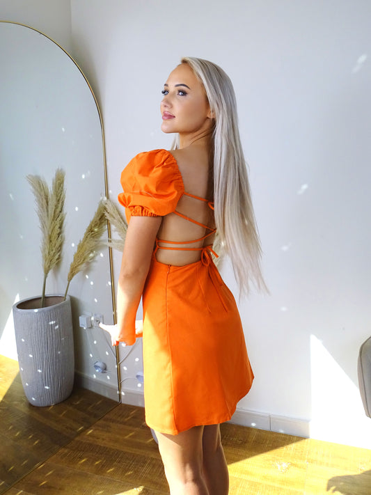 Orange Puff Short Sleeve Lace Up Skater Double Layered Mini Dress