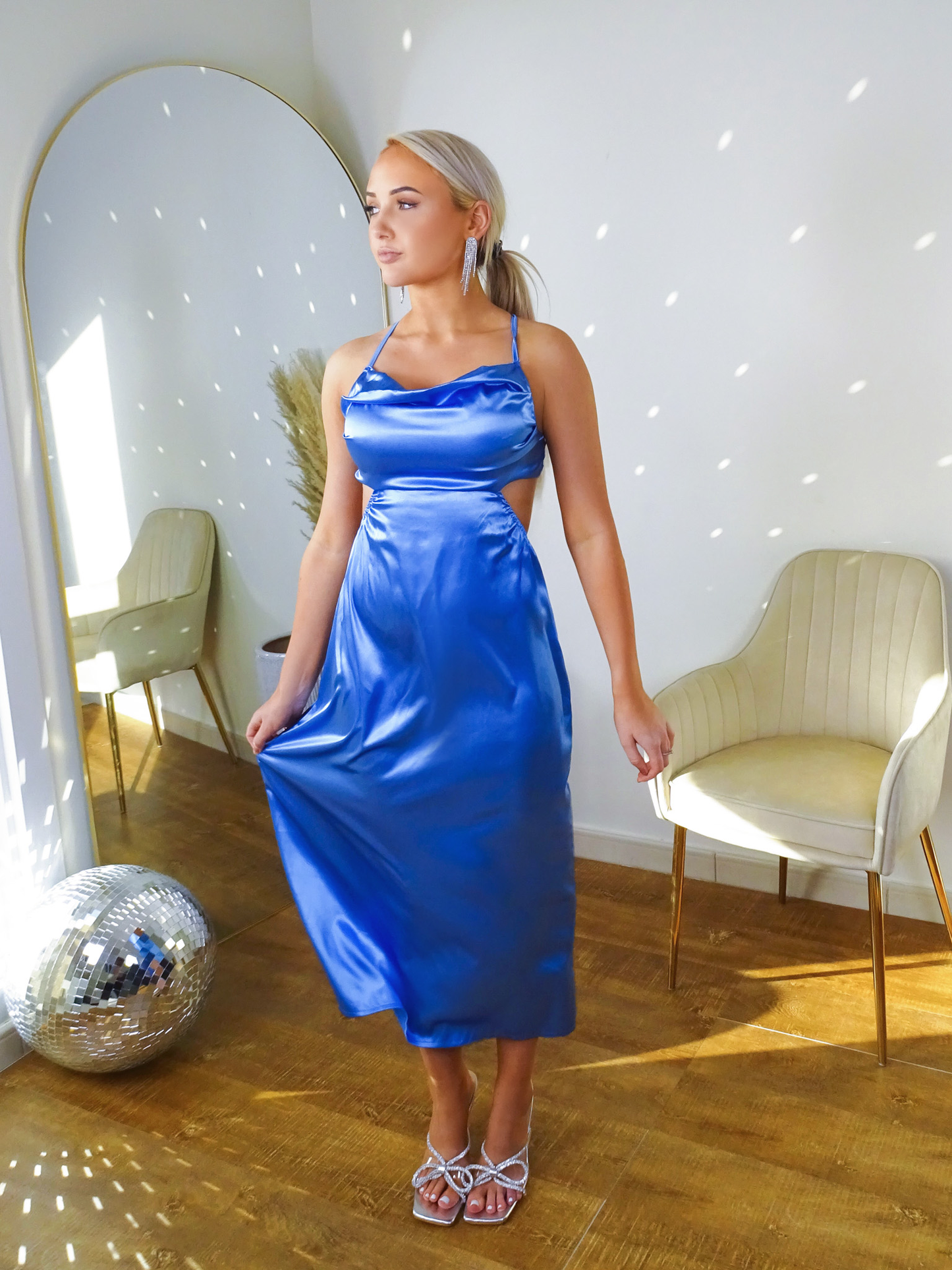 Blue Satin Cutout Cowl Maxi Skater Dress