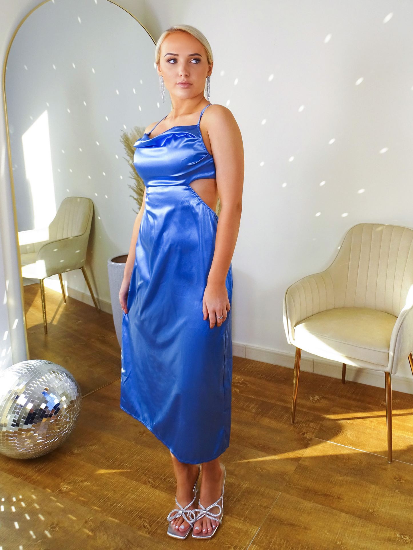 Blue Satin Cutout Cowl Maxi Skater Dress