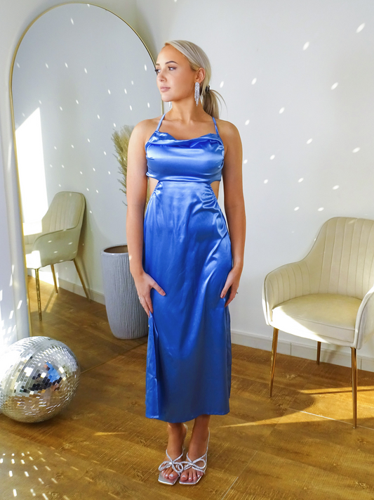 Blue Satin Cutout Cowl Maxi Skater Dress