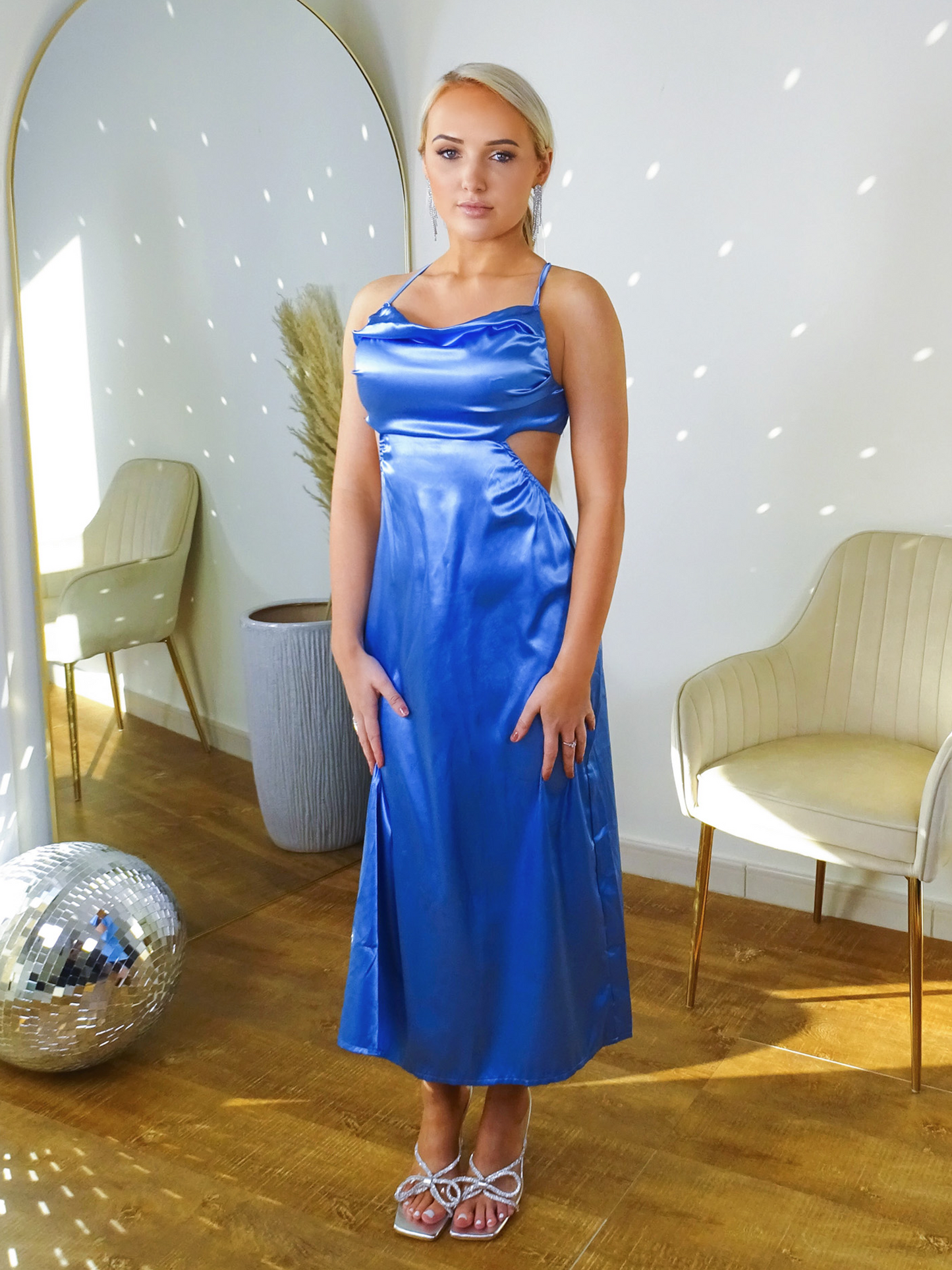 Blue Satin Cutout Cowl Maxi Skater Dress