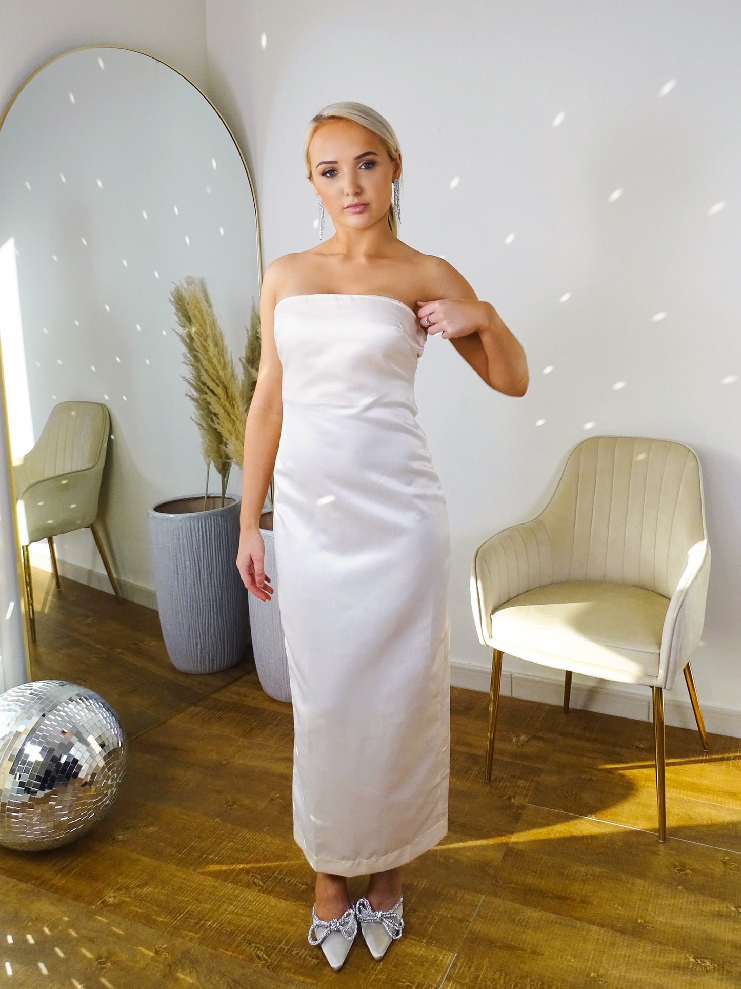 Cream Bandeau Satin Maxi Dress