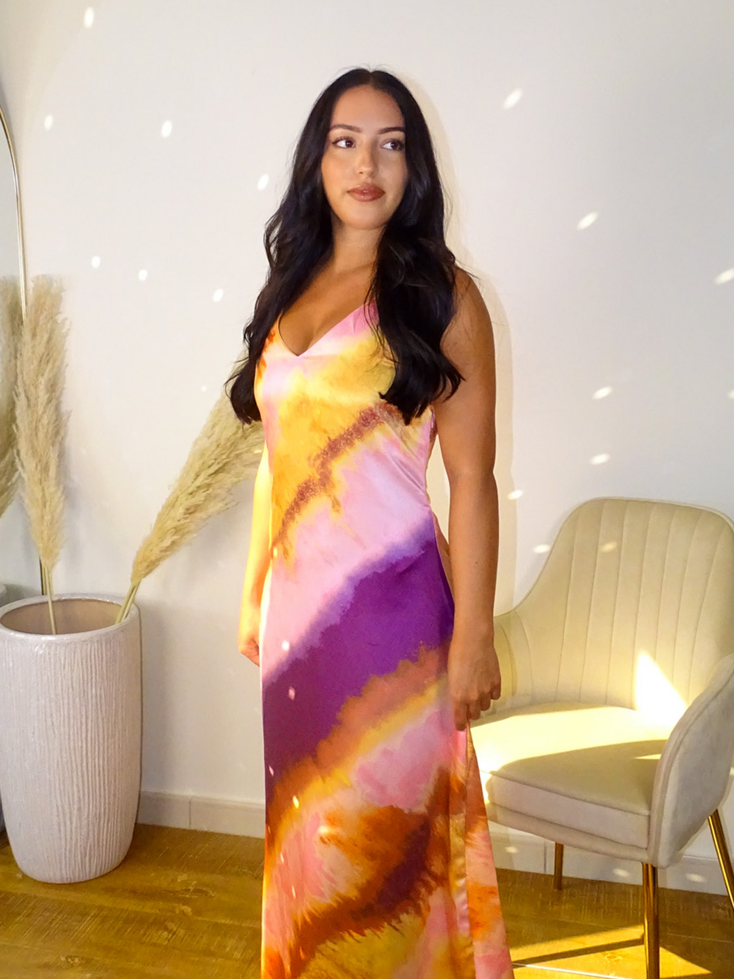 Yellow & Purple Abstract Spaghetti Strap A-Line Satin Maxi Dress