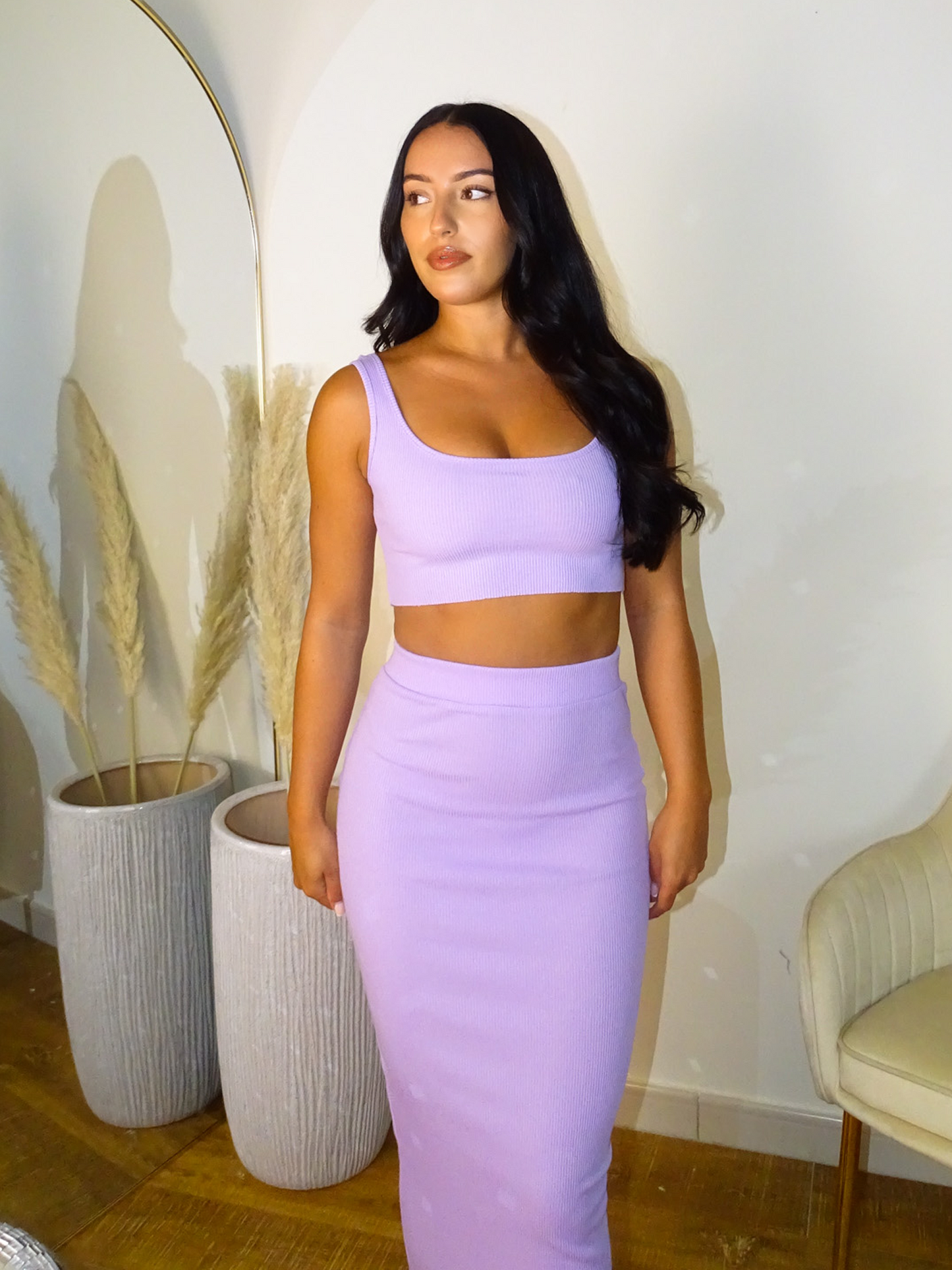 Pastel Purple Ribbed Crop Vest & Maxi Bodycon Skirt Coord