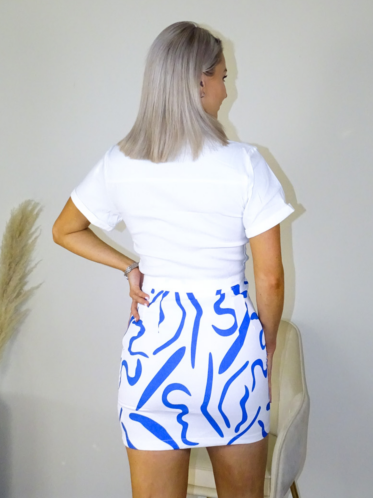 White & Blue Abstract Print Satin Mini Skirt