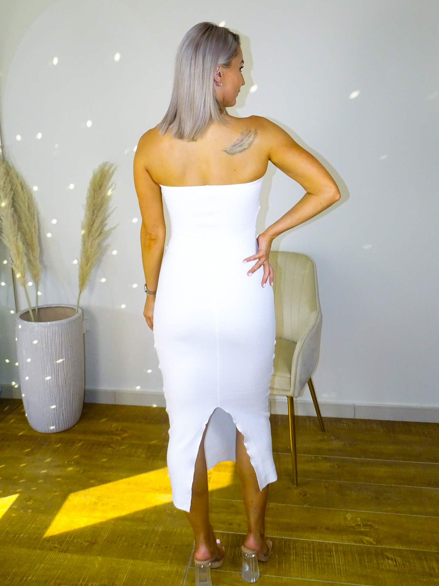 White Knit Cut Out Bandeau Midi Bodycon Dress