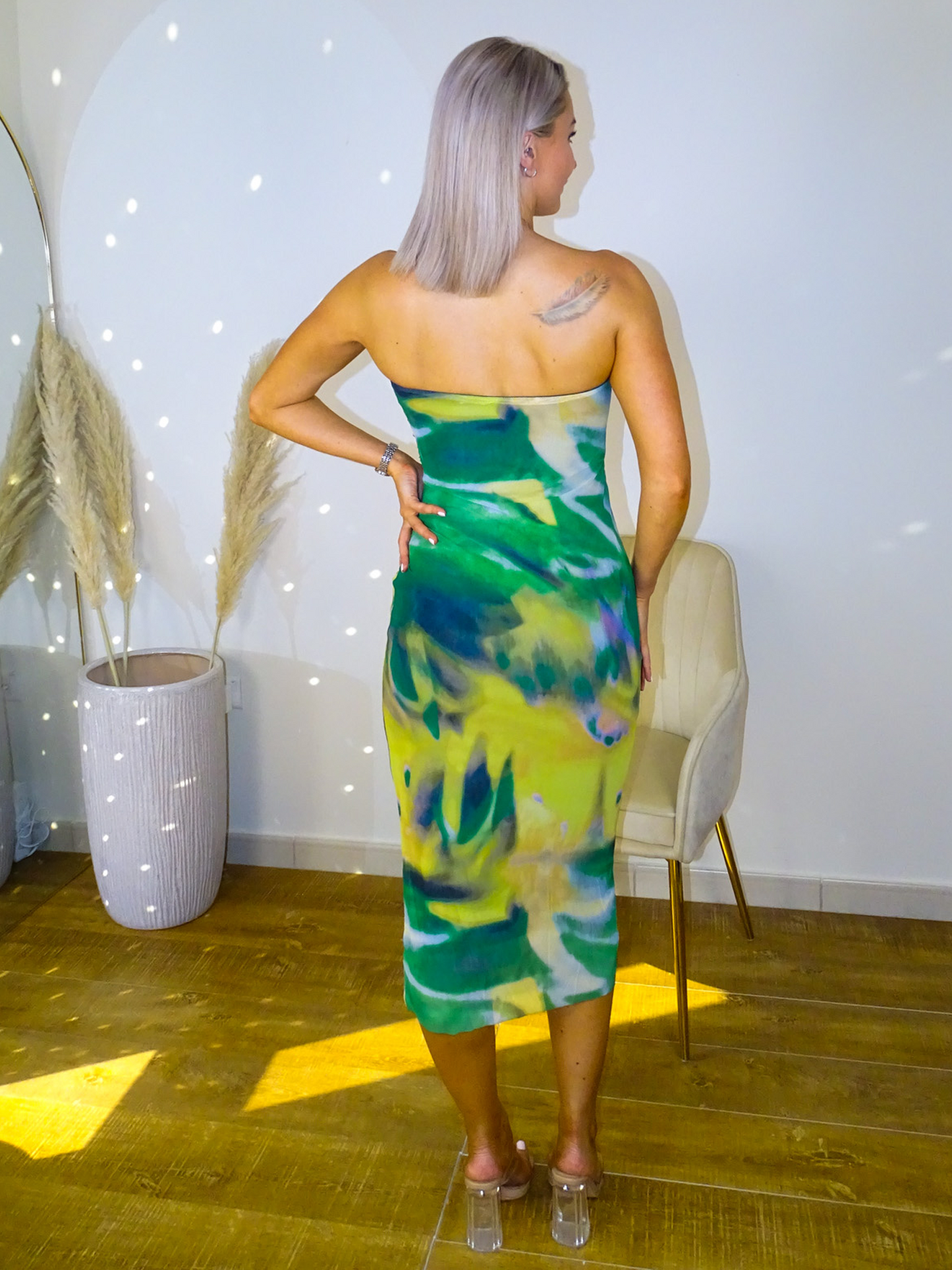 Green Abstract Bandeau Bodycon Midi Dress