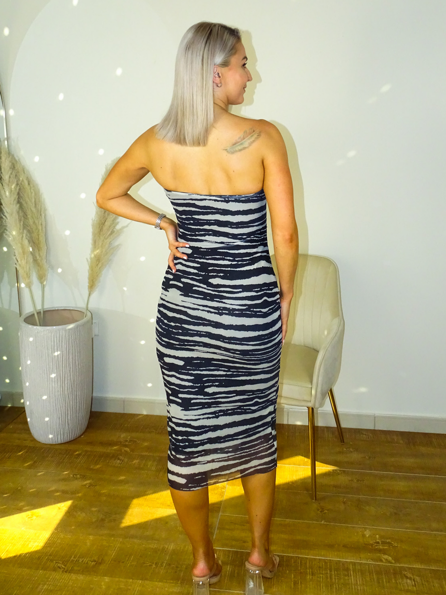 Black & Cream Zebra Bandeau Bodycon Midi Dress