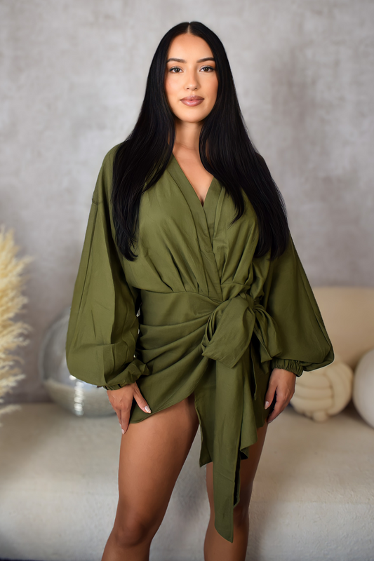 Olive Green Linen Wrap Front Lantern Puff Long Sleeve Mini Dress