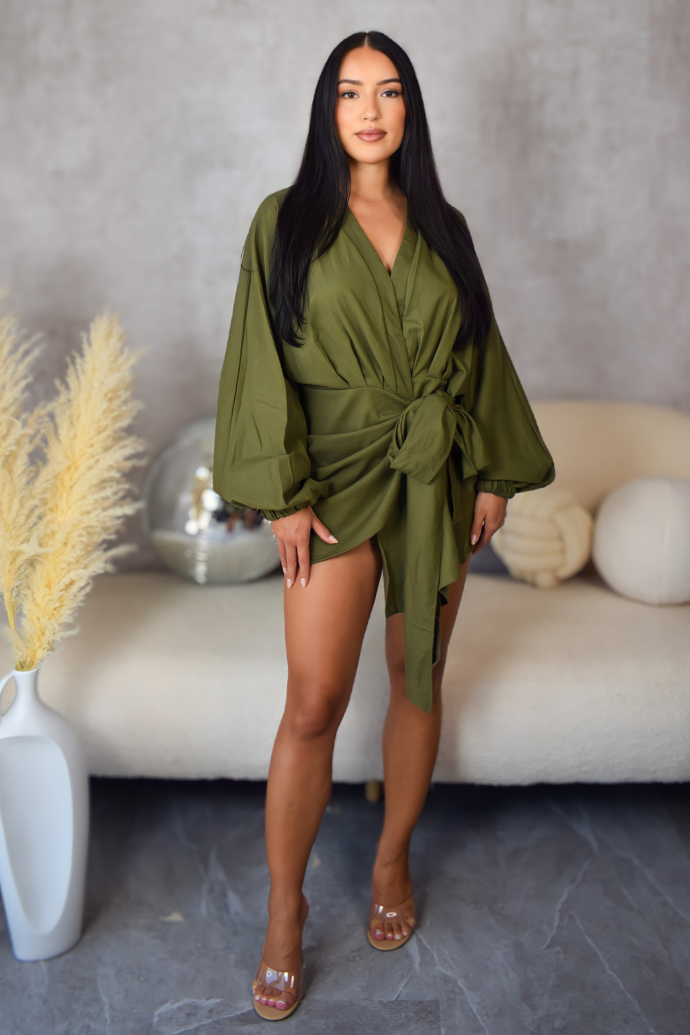 Olive Green Linen Wrap Front Lantern Puff Long Sleeve Mini Dress