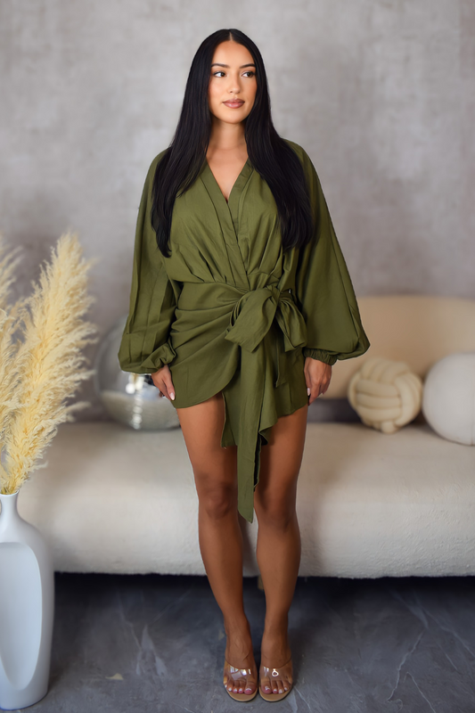 Olive Green Linen Wrap Front Lantern Puff Long Sleeve Mini Dress