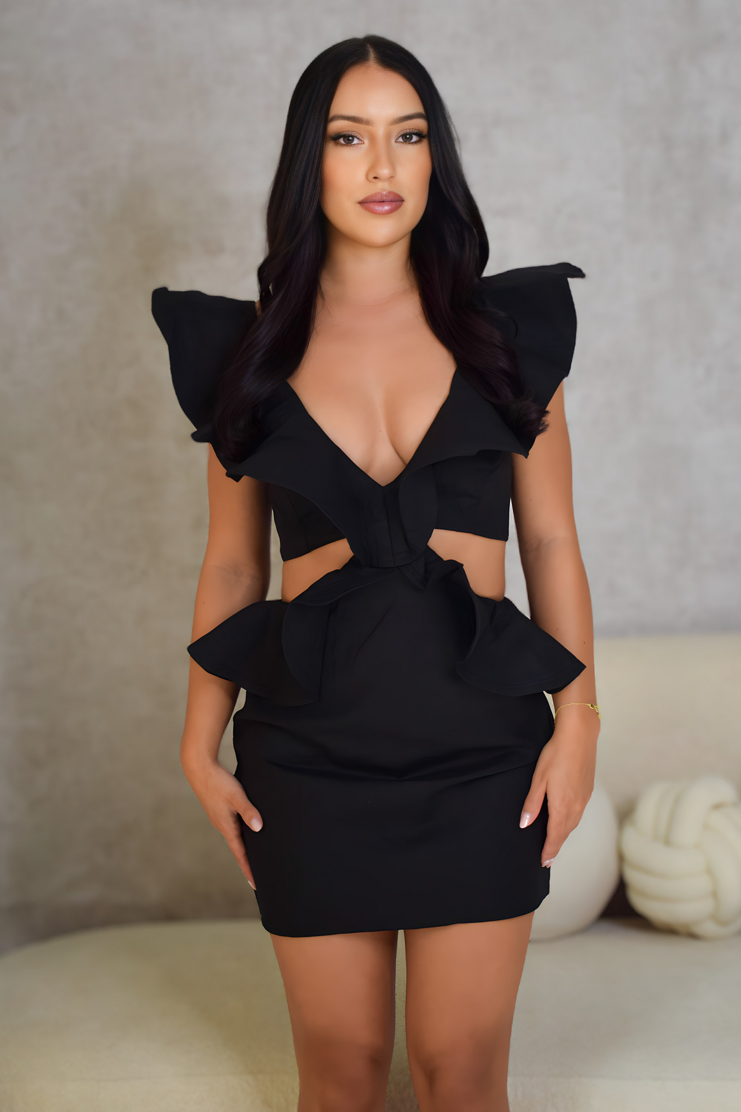 Black Ruffle Cutout Mini Dress