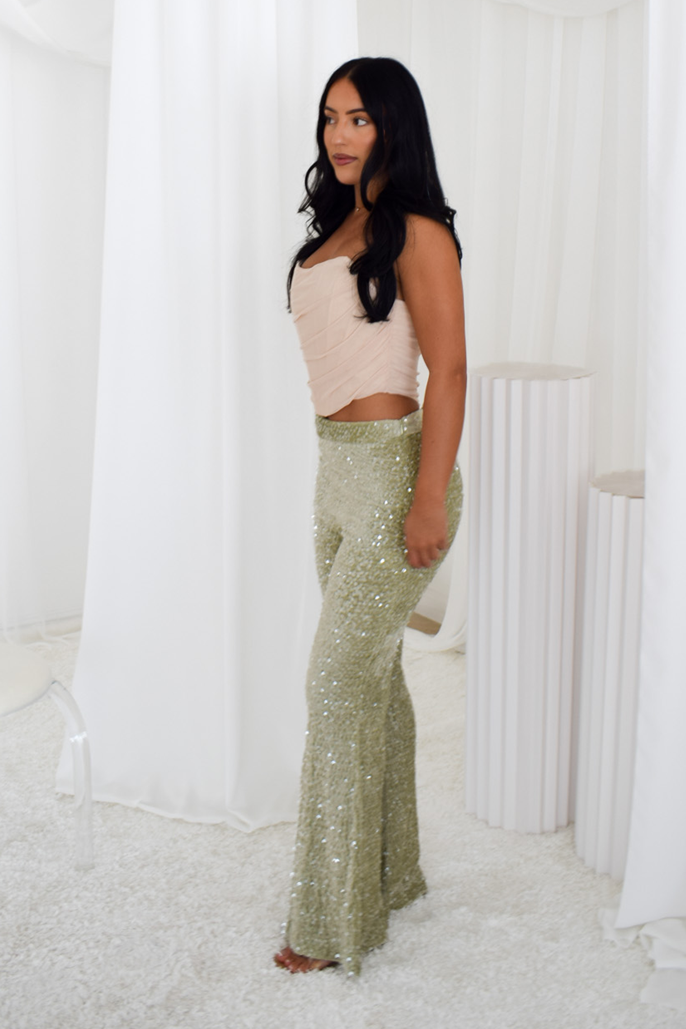 Green Sequin Flare Trousers