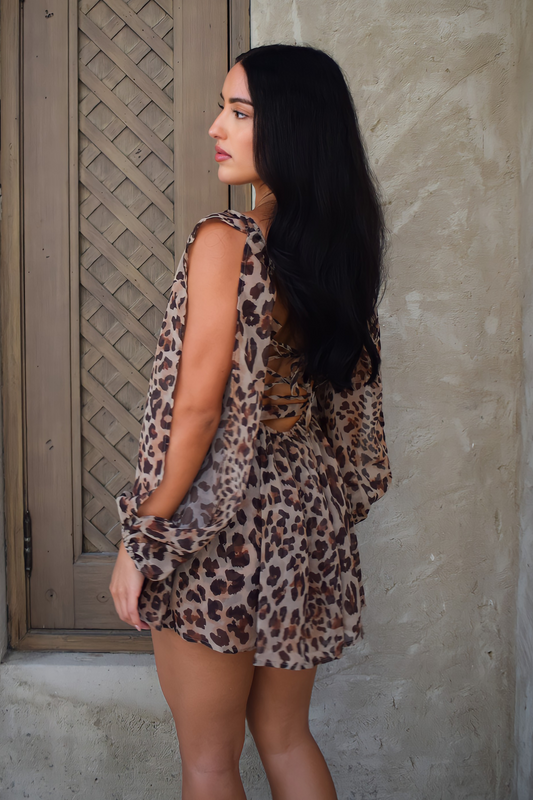 Leopard Brown Slit Lantern Sleeve Skater Playsuit