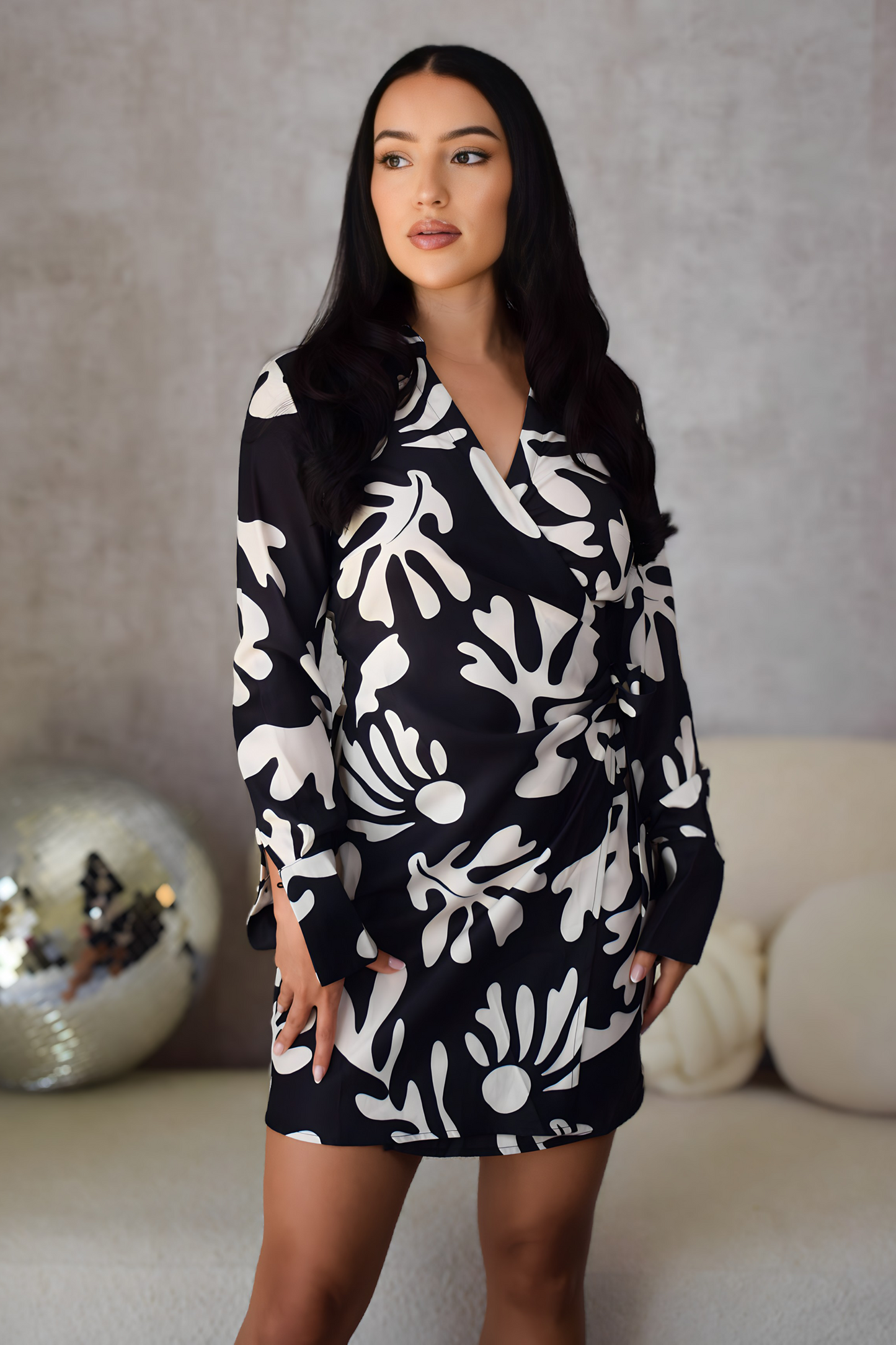 Black Floral Long Sleeve Wrap Front Mini Dress