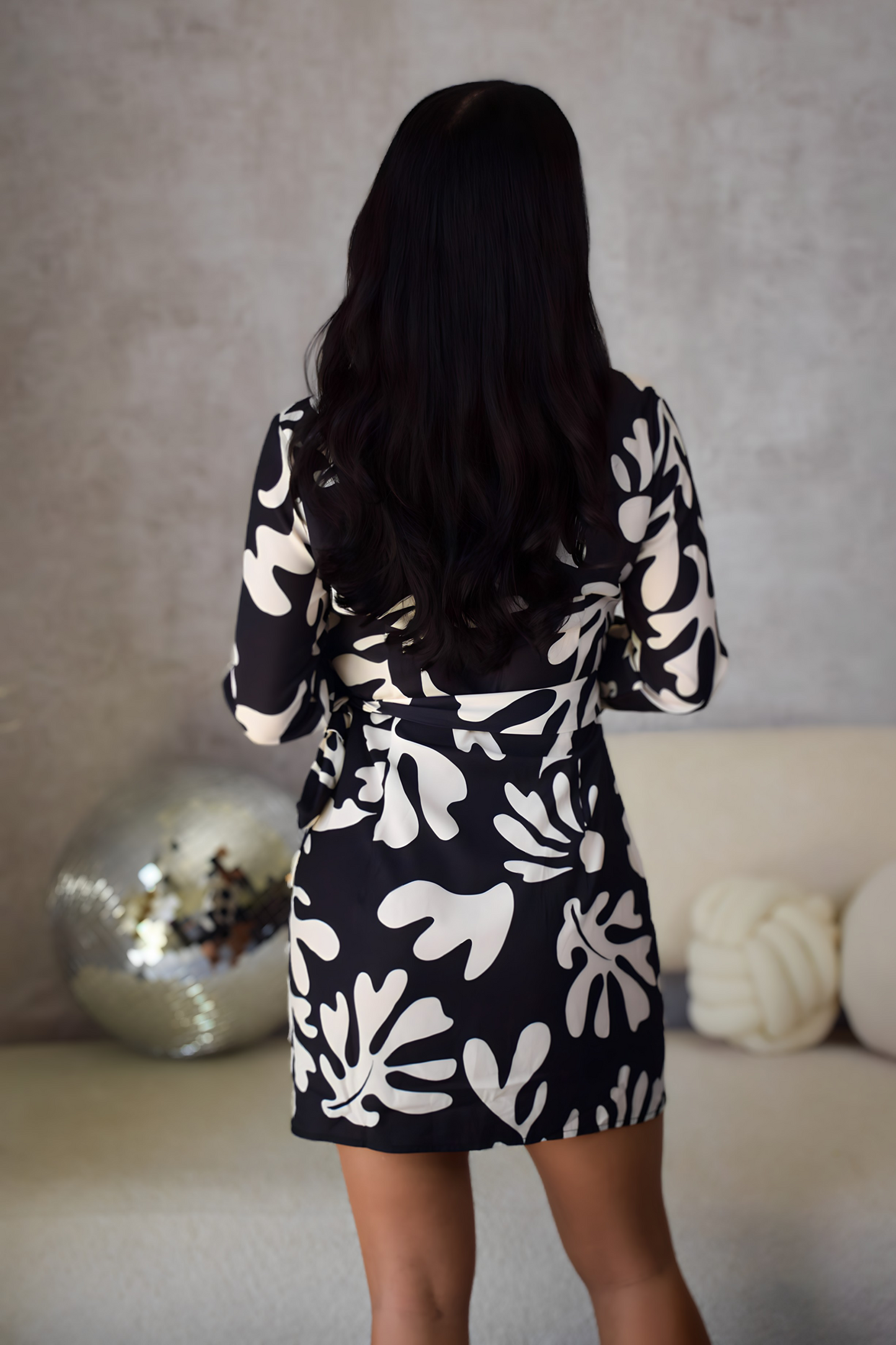 Black Floral Long Sleeve Wrap Front Mini Dress