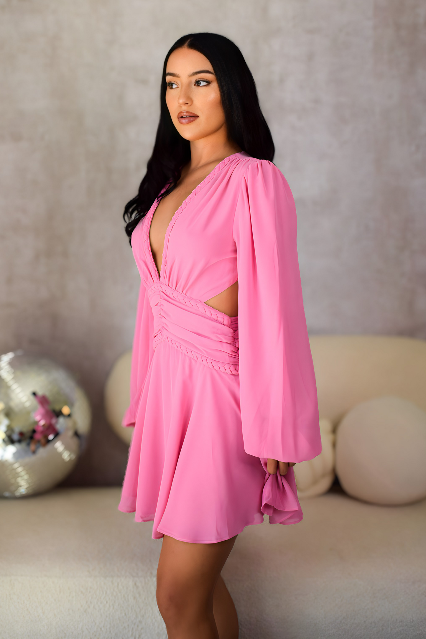 Bubble Gum Pink Lantern Long Sleeve Skater Mini Dress