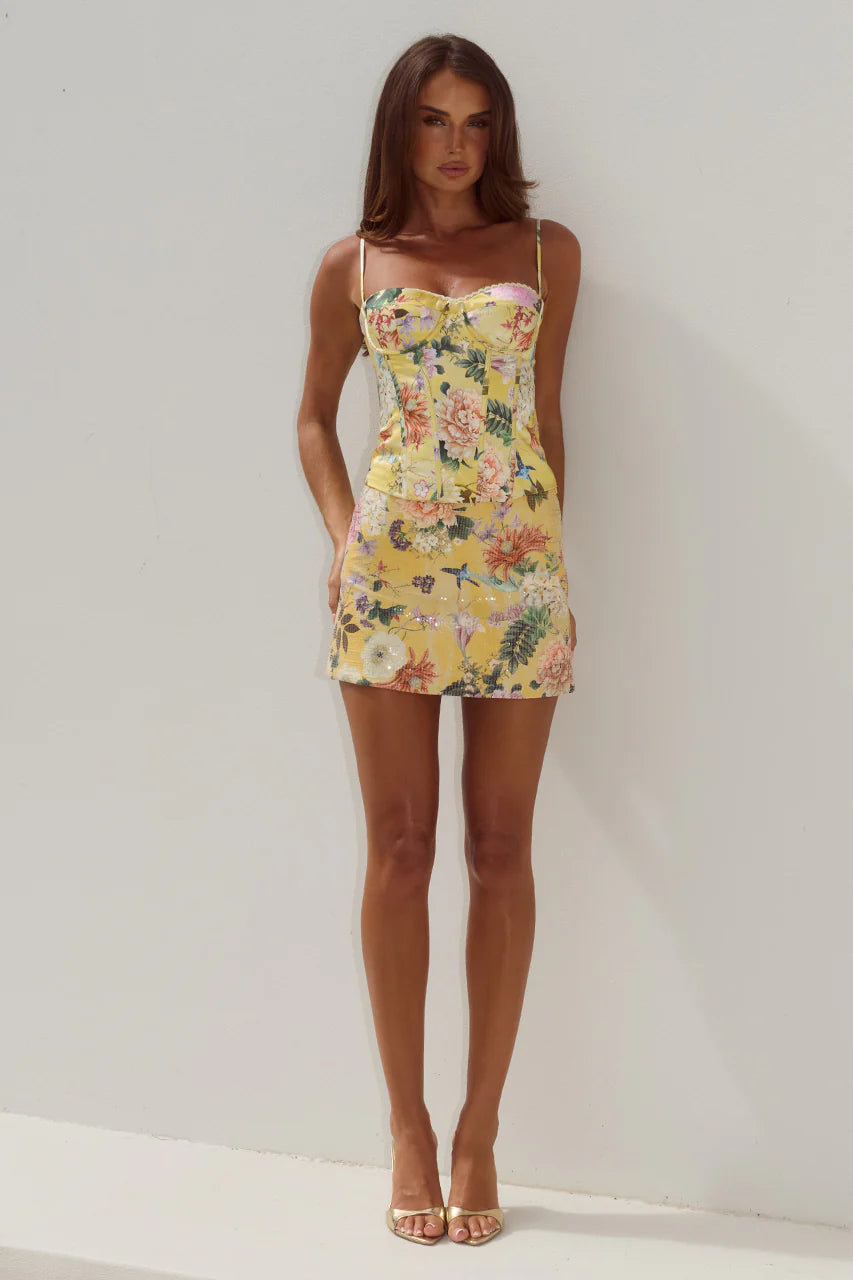 RUNAWAY THE LABEL ELI BUSTIER & OPHIRA SEQUIN MINI SKIRT COORD - KENDALL YELLOW
