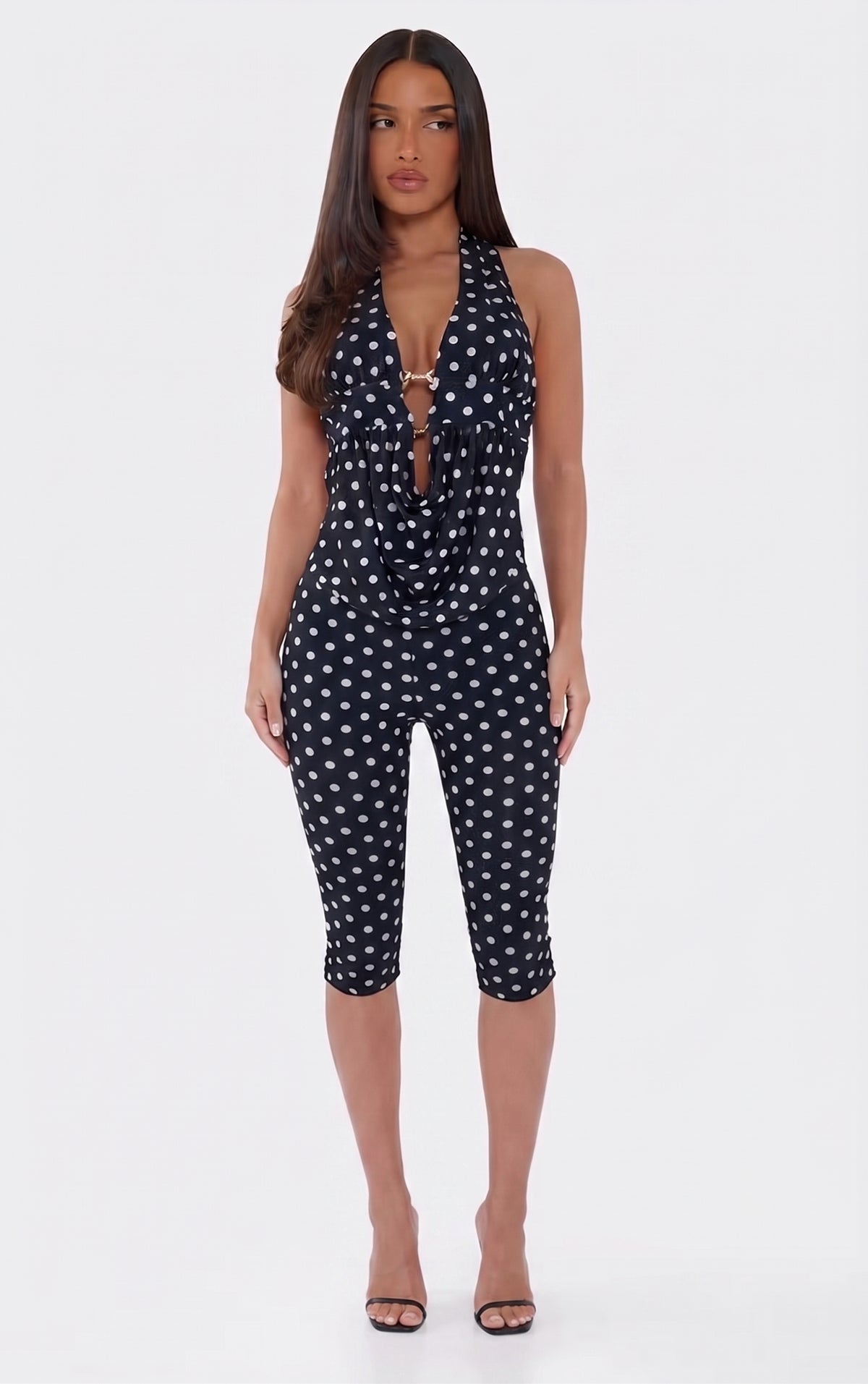 Black Polka Dot Plunge Top & Capri Pants Coord