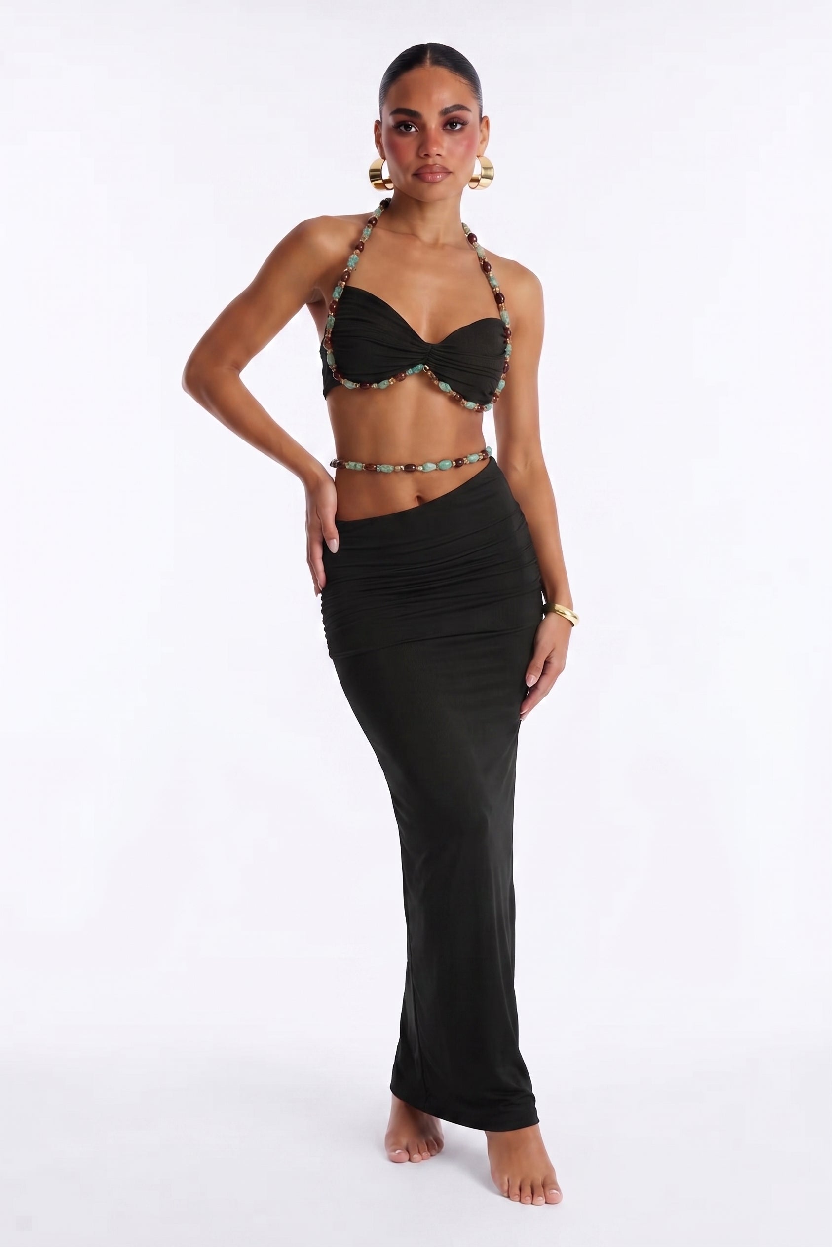 Black Beaded Bralette & Maxi Skirt Coord