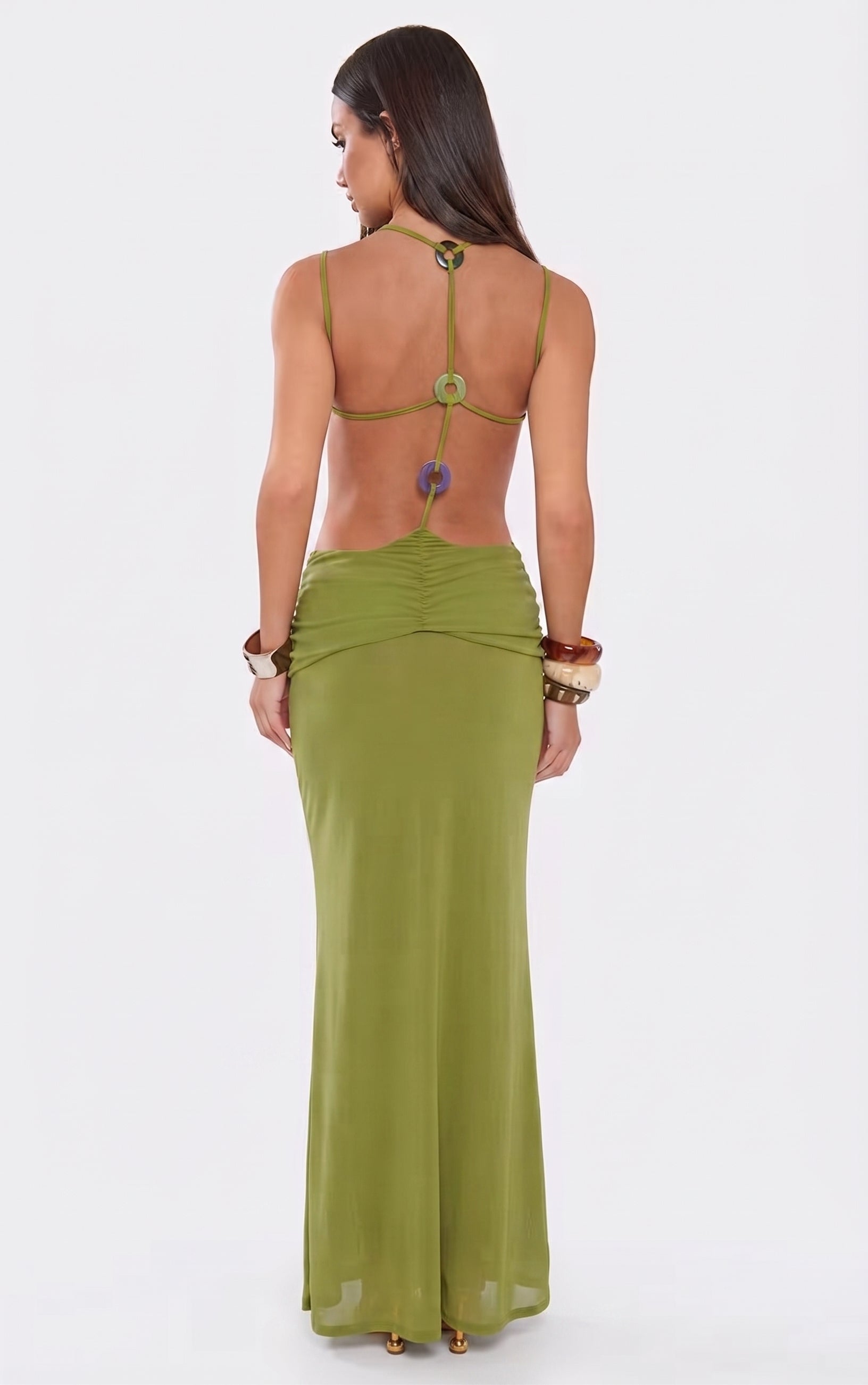 Green Plunge Cutout Waist Maxi Dress