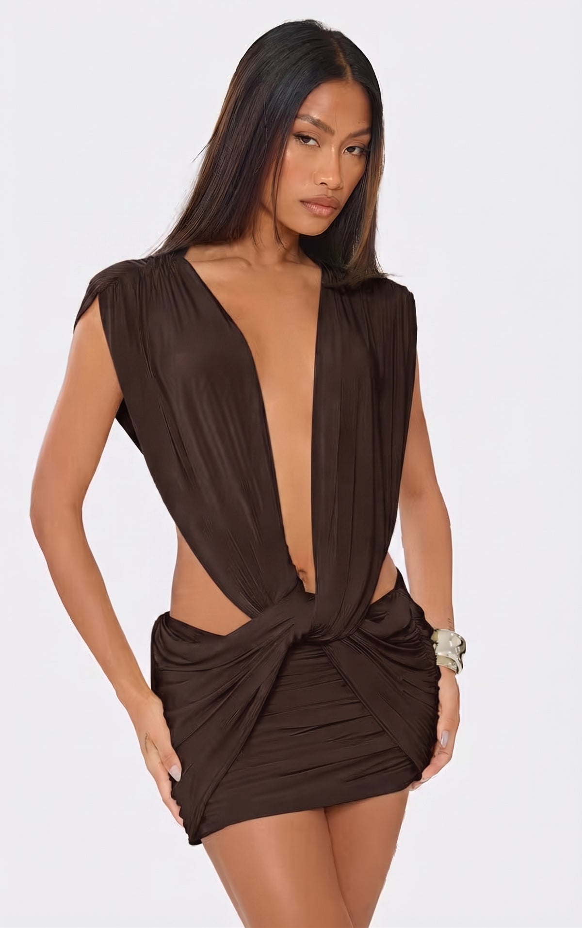 Dark Espresso Brown Plunge Mini Dress