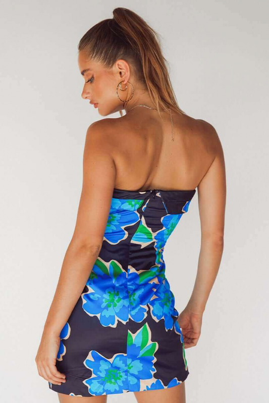 RUNAWAY THE LABEL Blue Floral Bandeau Mini Dress