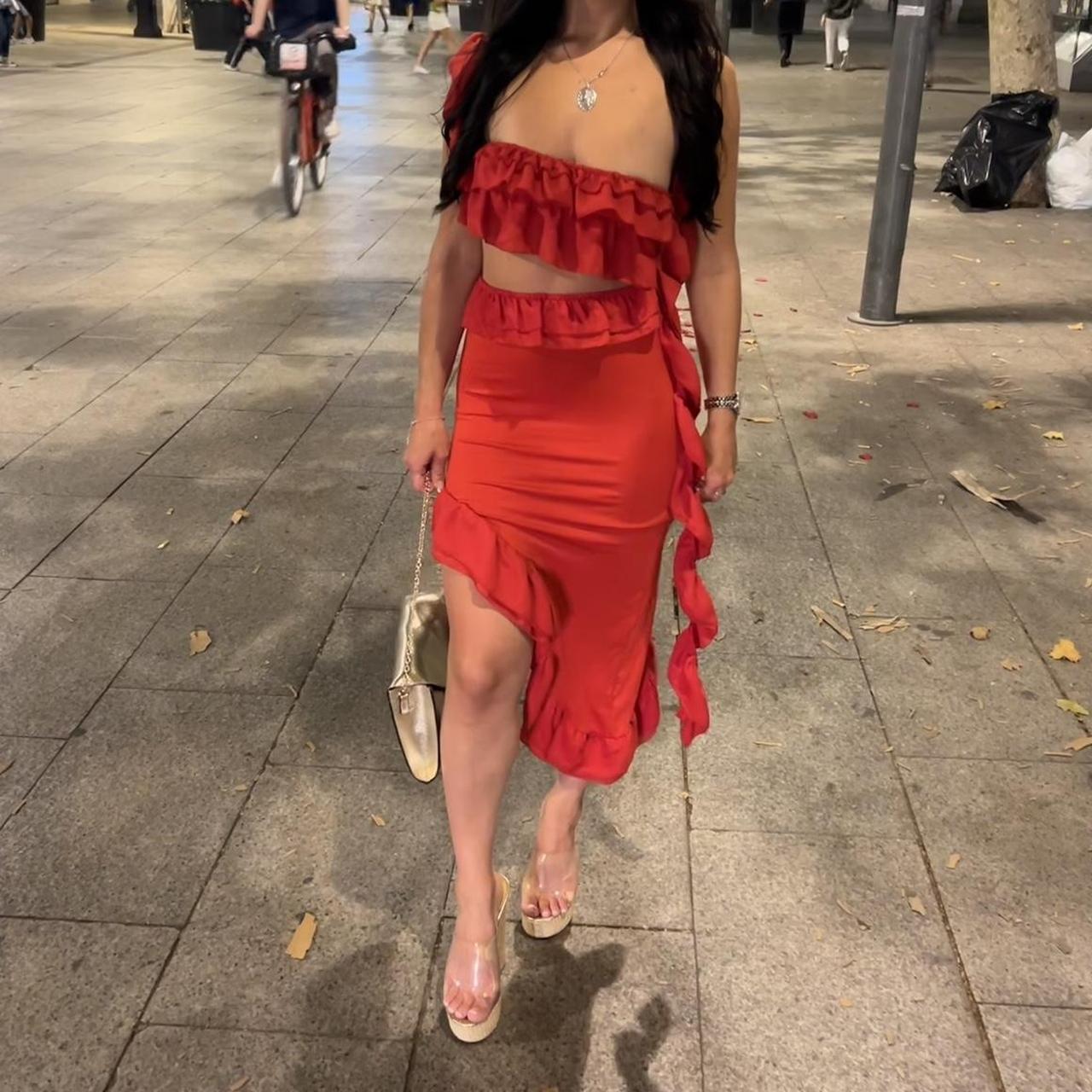 Red Ruffle Drape Midi Dress
