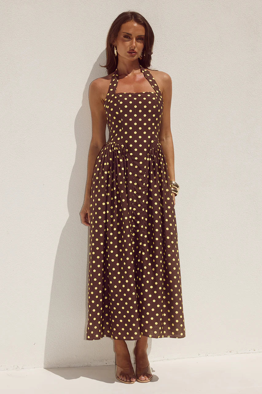 RUNAWAY THE LABEL SAMMI HALTER MIDI DRESS - CHOC/LEMON POLKA