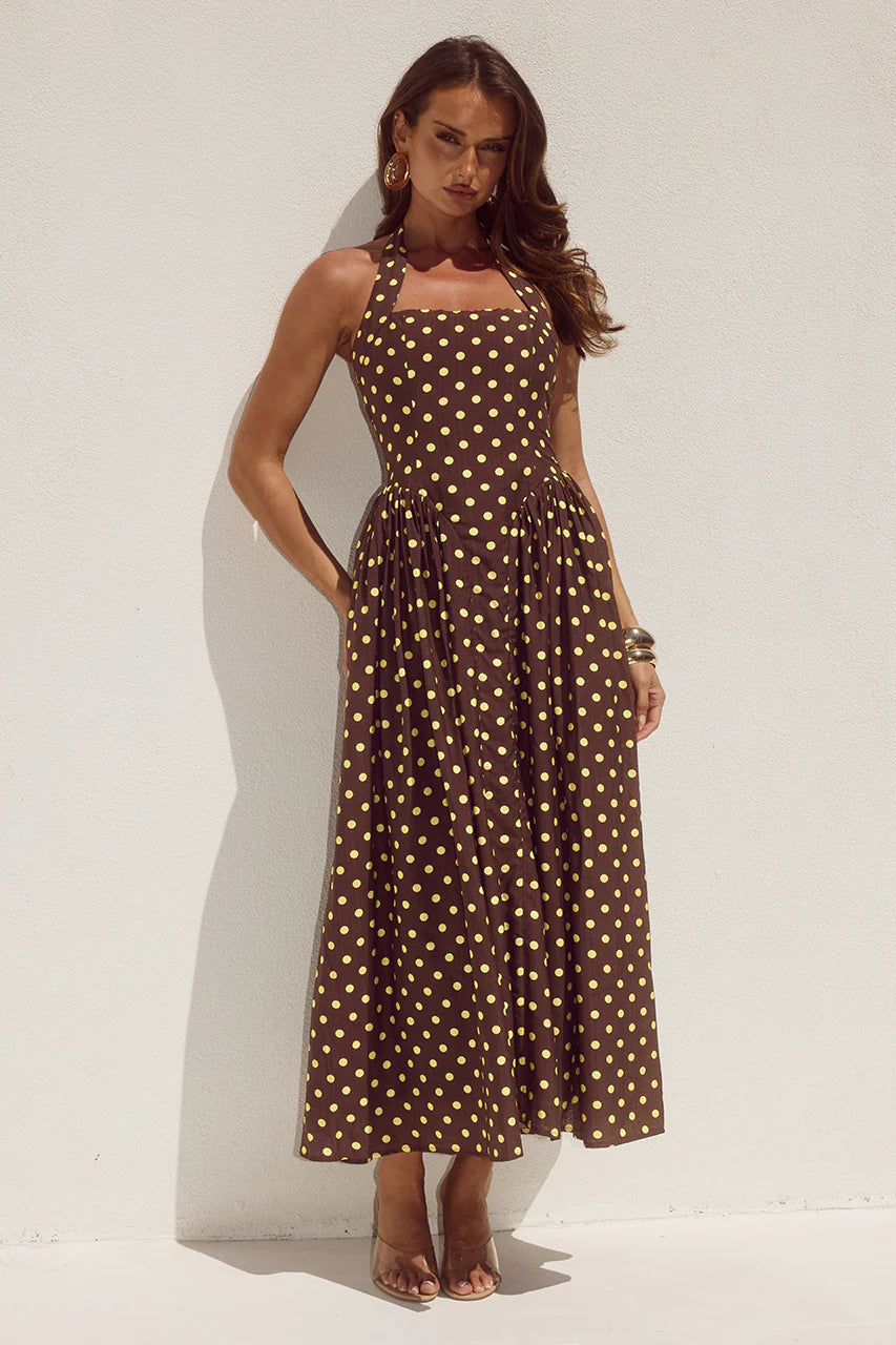 RUNAWAY THE LABEL SAMMI HALTER MIDI DRESS - CHOC/LEMON POLKA