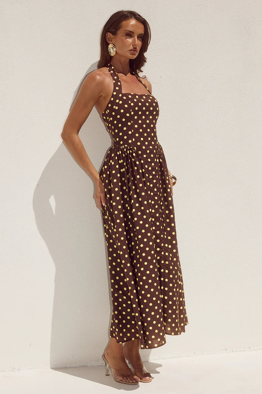 RUNAWAY THE LABEL SAMMI HALTER MIDI DRESS - CHOC/LEMON POLKA