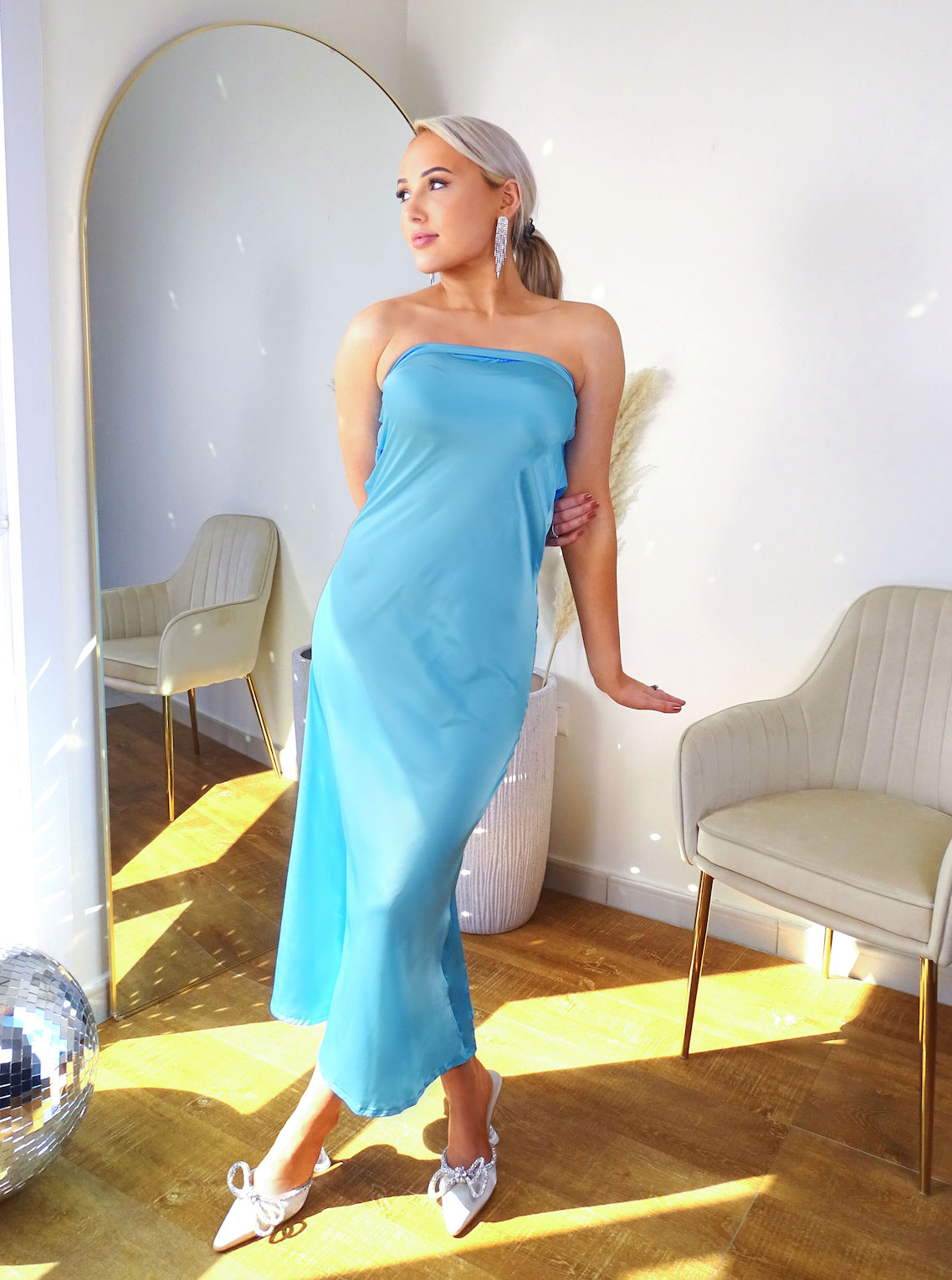 Turquoise Blue Satin Banded Fish Tail Maxi Dress