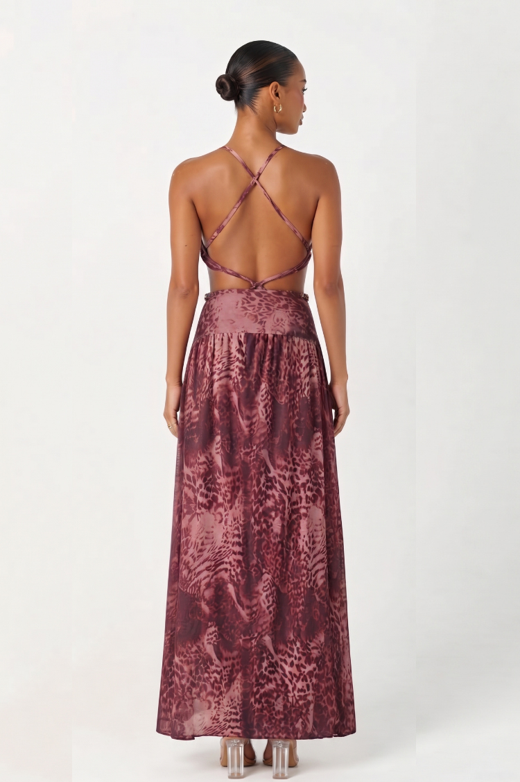 Burgundy Leopard Print Plunge Maxi Dress