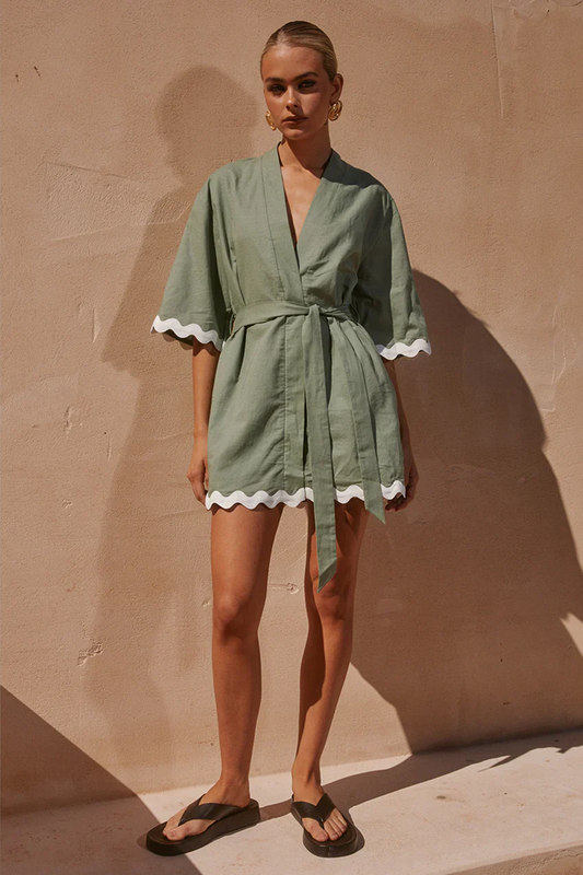 RUNAWAY THE LABEL Harry Green Linen Belted Shirt Mini Dress