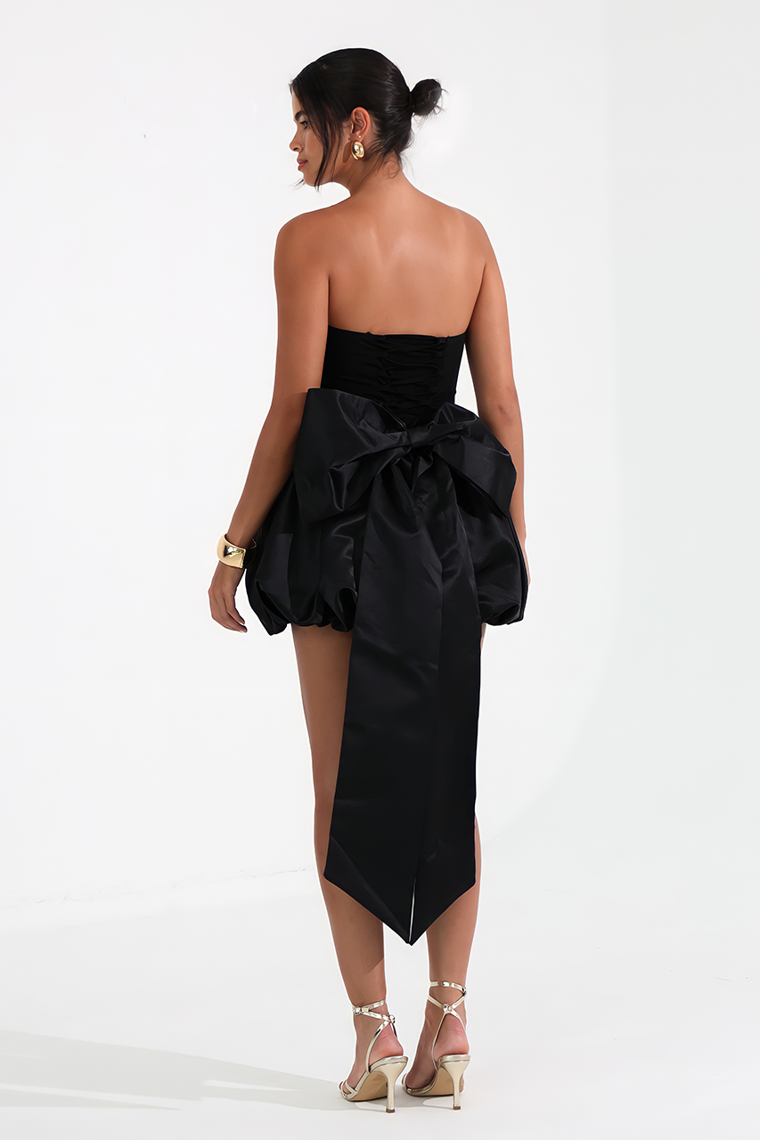 Black Puffball Bow Detail Bandeau Mini Dress