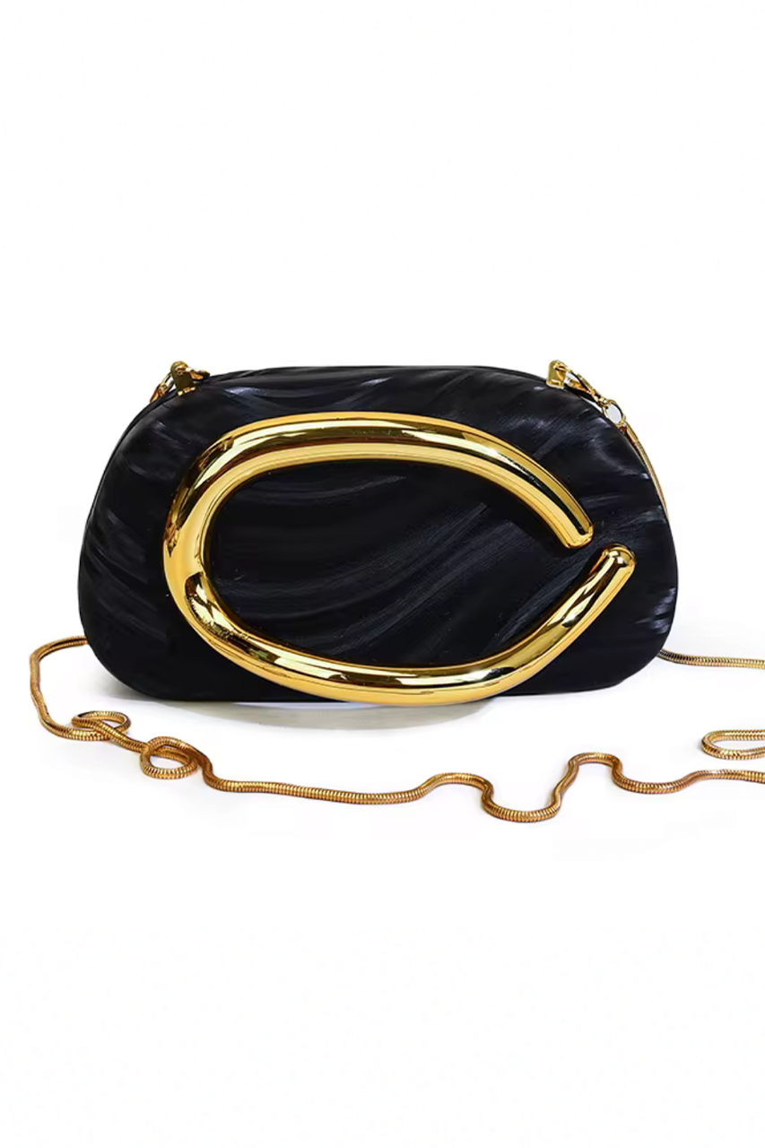 Black Embossed Gold Chain Clutch Bag