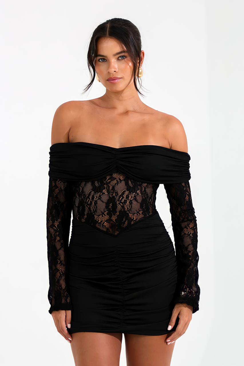 Black Lace Off Shoulder Mini Dress