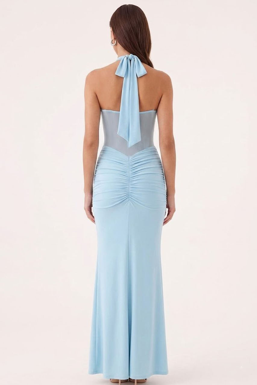 Sky Blue Ruched Mesh Maxi Dress