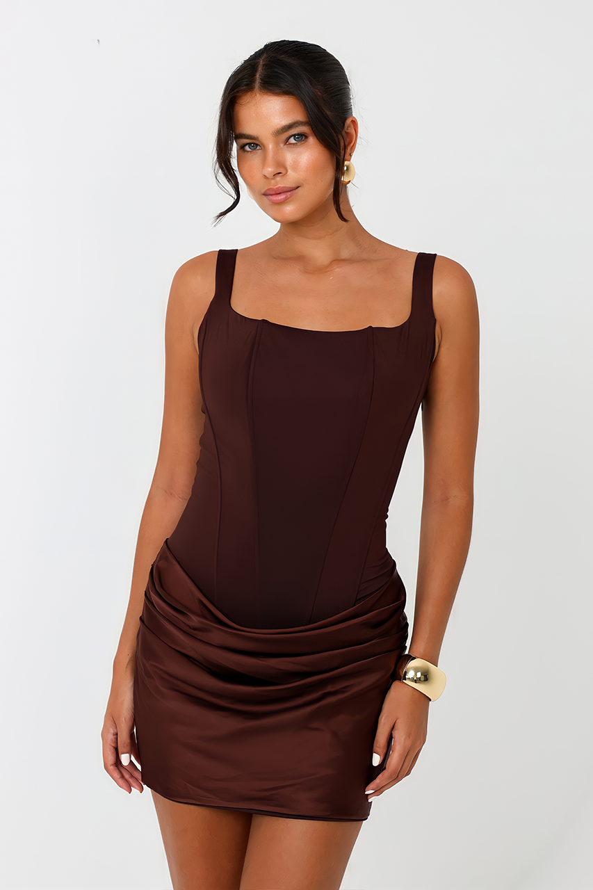 Chocolate Brown Corset Draped Mini Dress