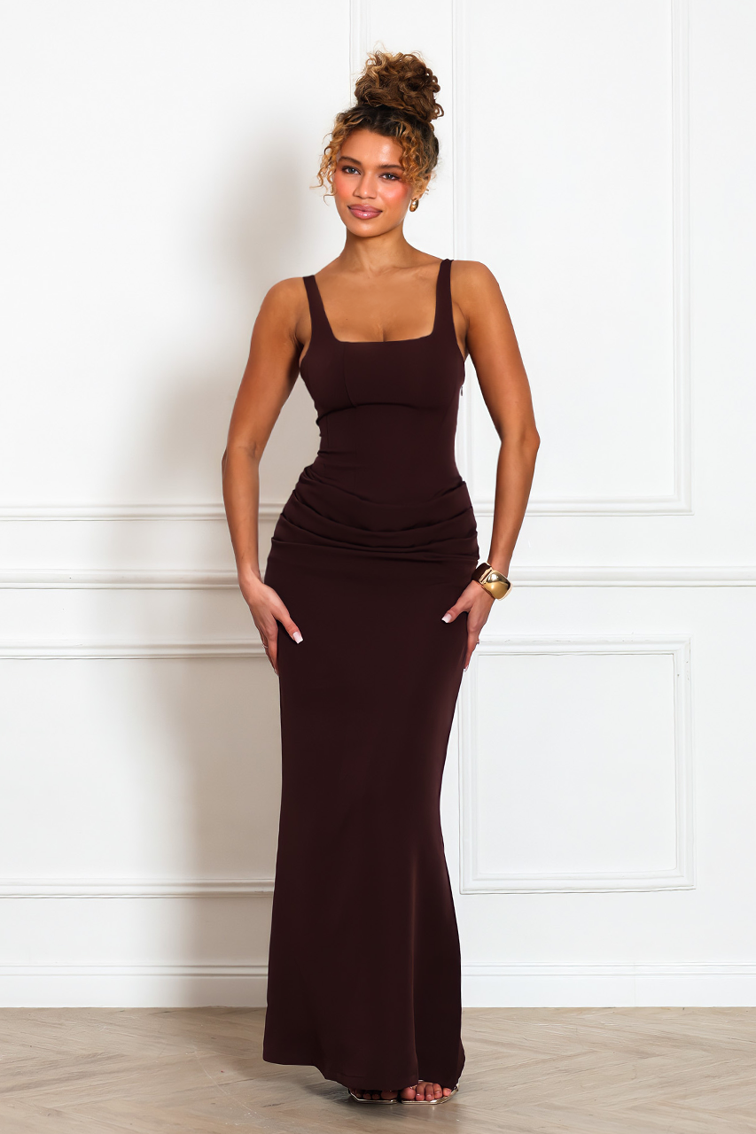 BROWN DRAPED FISHTAIL MAXI DRESS