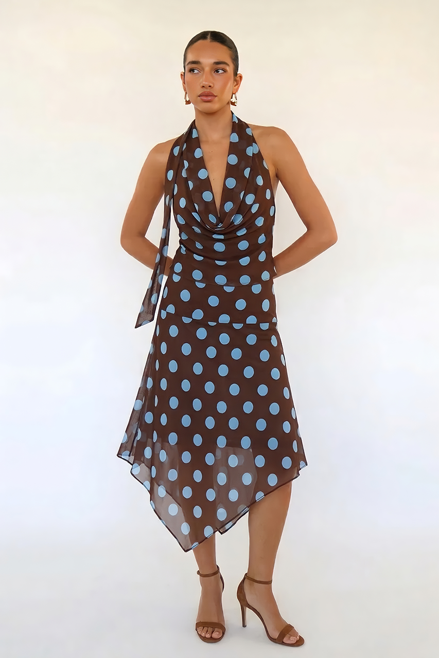 Brown & Blue Polka Midi Skirt & Cowl Top Coord