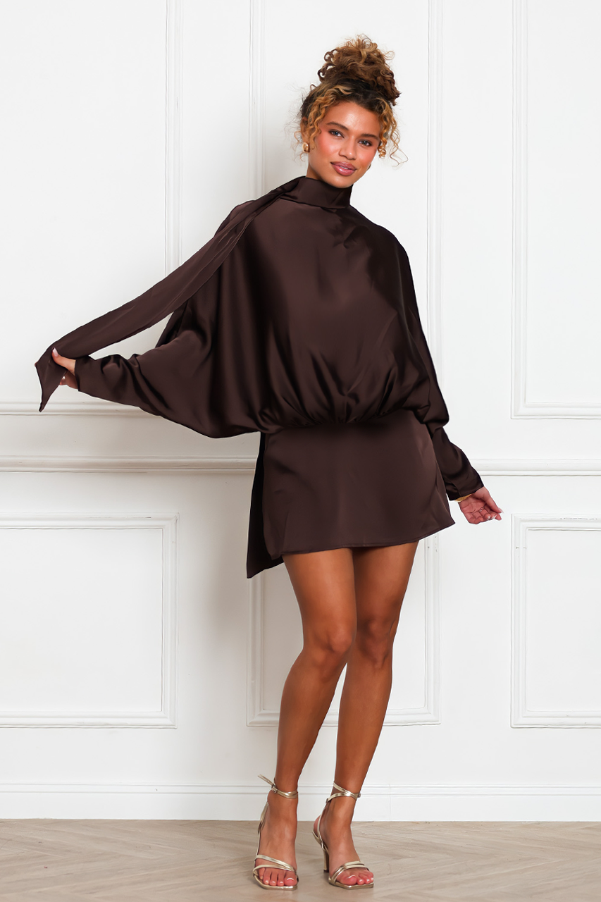 CHOCOLATE BROWN SATIN LONG SLEEVE MINI DRESS