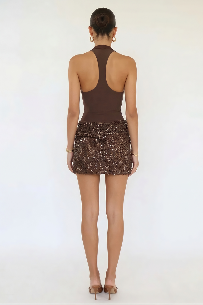 Chocolate Brown Sequin Net Drape Mini Dress