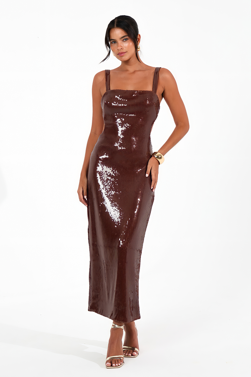 Brown Sequin Cut Out Maxi Dress