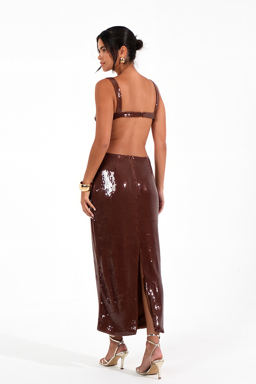 Brown Sequin Cut Out Maxi Dress