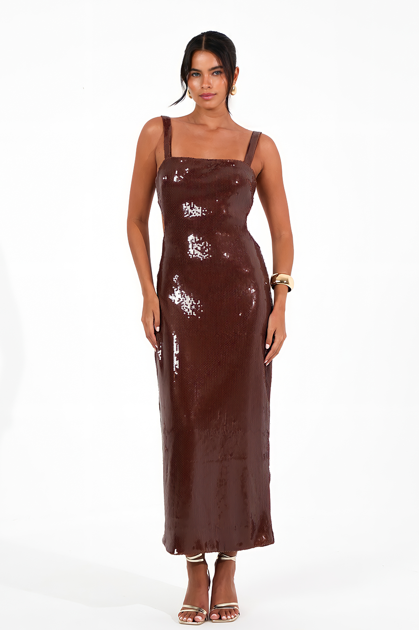 Brown Sequin Cut Out Maxi Dress