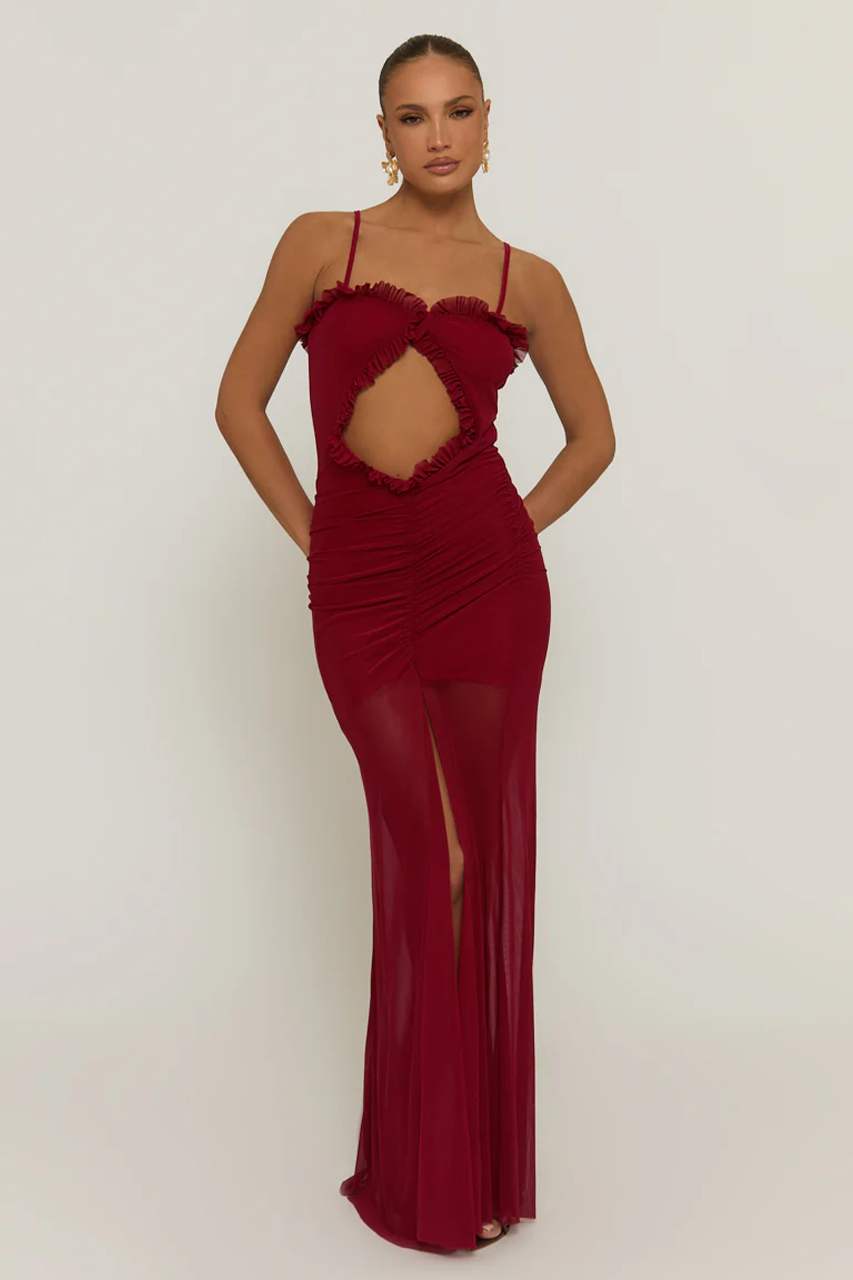 Wine Red Mesh Layered Slit Maxi Dress