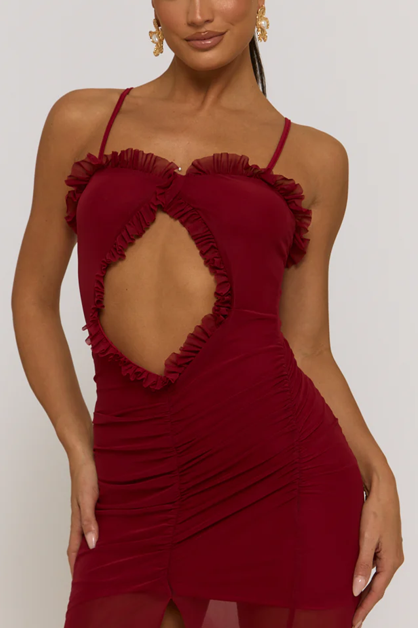 Wine Red Mesh Layered Slit Maxi Dress